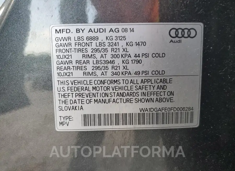 AUDI Q7 PRESTIG 2015 vin WA1DGAFE0FD006284 from auto auction Copart