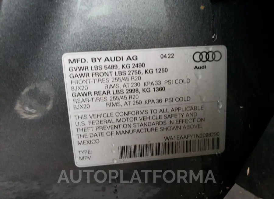 AUDI Q5 PREMIUM 2022 vin WA1EAAFY1N2098290 from auto auction Copart