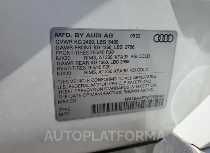 AUDI Q5 PREMIUM 2023 vin WA1EAAFY9P2034341 from auto auction Copart