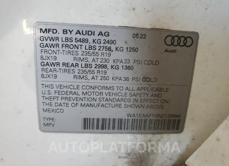 AUDI Q5 PREMIUM 2022 vin WA1EAAFYXN2126944 from auto auction Copart