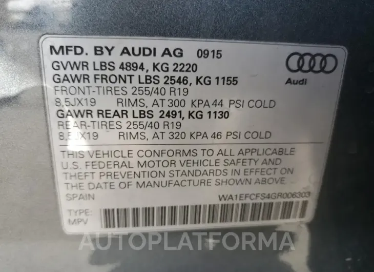 AUDI Q3 PREMIUM 2016 vin WA1EFCFS4GR006303 from auto auction Copart