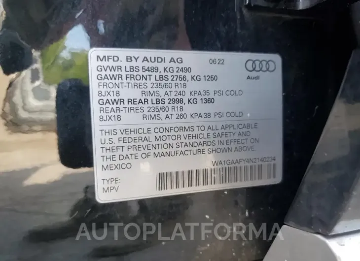 AUDI Q5 PREMIUM 2022 vin WA1GAAFY4N2140234 from auto auction Copart