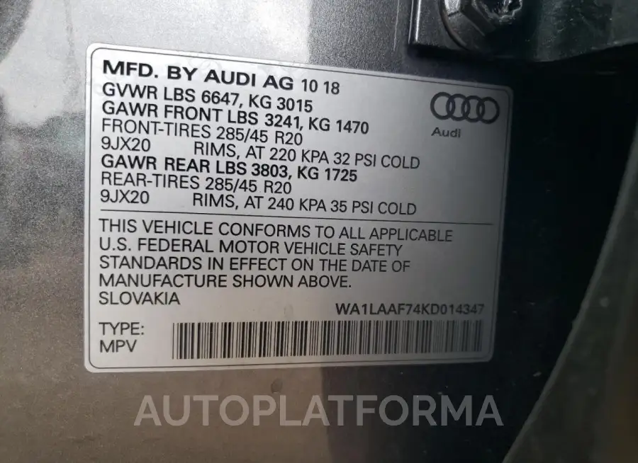 AUDI Q7 PREMIUM 2019 vin WA1LAAF74KD014347 from auto auction Copart