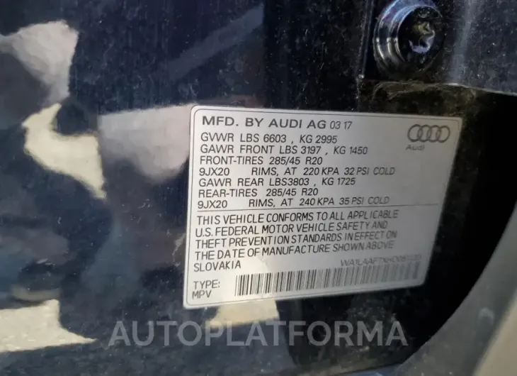 AUDI Q7 PREMIUM 2017 vin WA1LAAF7XHD051220 from auto auction Copart