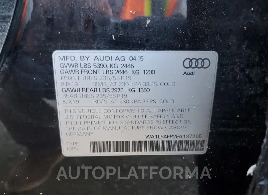 AUDI Q5 PREMIUM 2015 vin WA1LFAFP2FA137265 from auto auction Copart