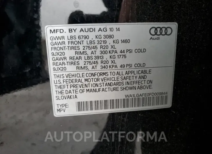 AUDI Q7 PREMIUM 2015 vin WA1LGAFE0FD009844 from auto auction Copart