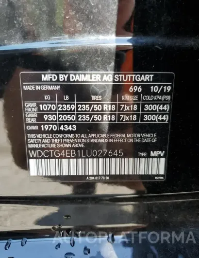 MERCEDES-BENZ GLA 250 2020 vin WDCTG4EB1LU027645 from auto auction Copart