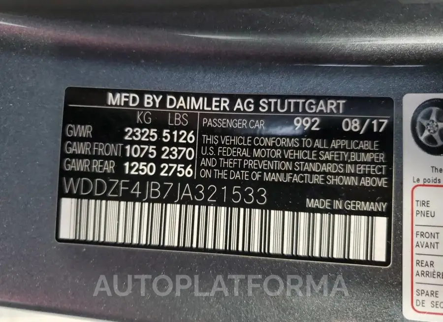 MERCEDES-BENZ E 300 2018 vin WDDZF4JB7JA321533 from auto auction Copart