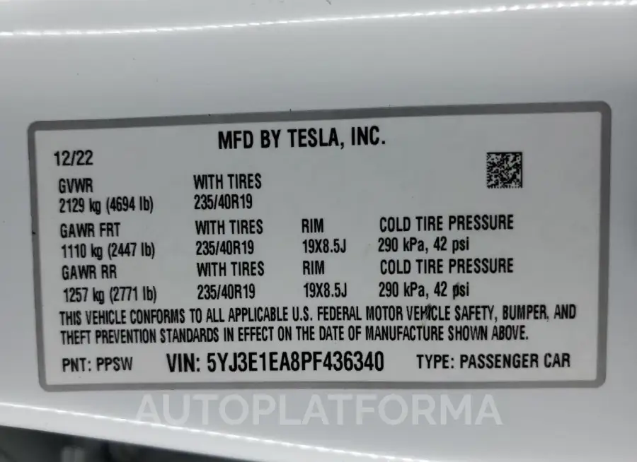 TESLA MODEL 3 2023 vin 5YJ3E1EA8PF436340 from auto auction Copart