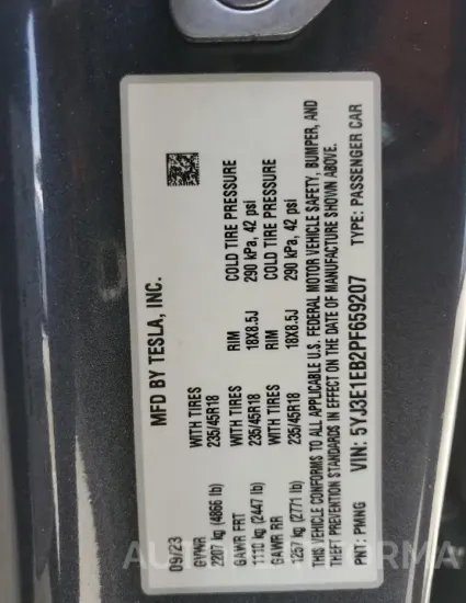 TESLA MODEL 3 2023 vin 5YJ3E1EB2PF659207 from auto auction Copart