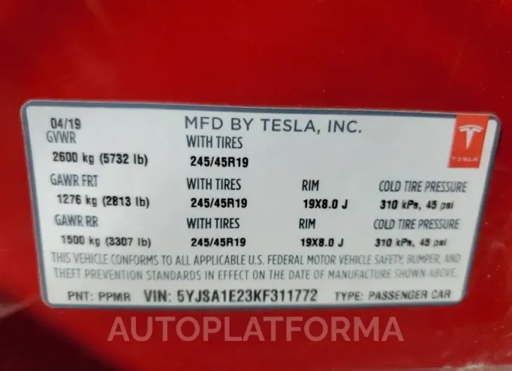 TESLA MODEL S 2019 vin 5YJSA1E23KF311772 from auto auction Copart