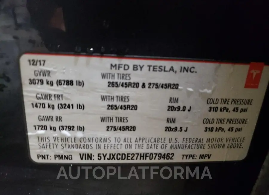 TESLA MODEL X 2017 vin 5YJXCDE27HF079462 from auto auction Copart