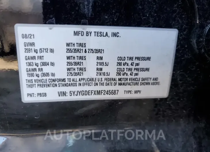 TESLA MODEL Y 2021 vin 5YJYGDEFXMF245687 from auto auction Copart