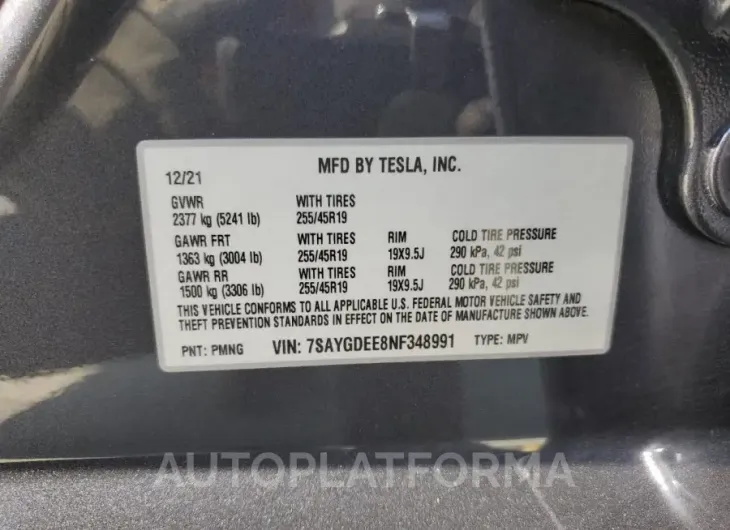 TESLA MODEL Y 2022 vin 7SAYGDEE8NF348991 from auto auction Copart