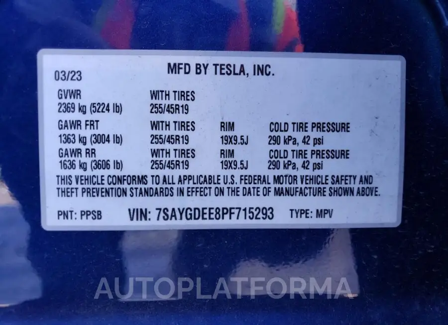 TESLA MODEL Y 2023 vin 7SAYGDEE8PF715293 from auto auction Copart