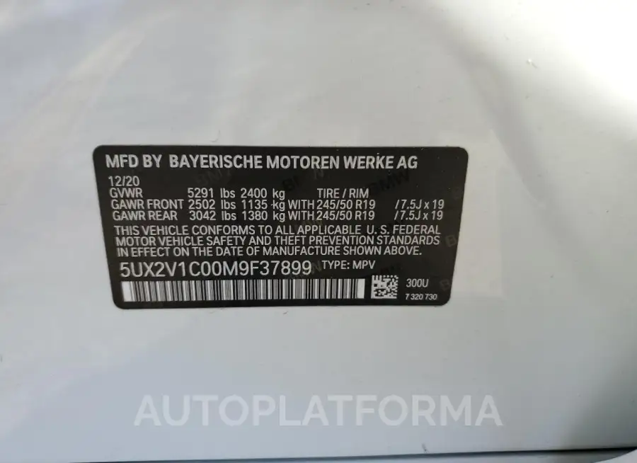 BMW X4 XDRIVE3 2021 vin 5UX2V1C00M9F37899 from auto auction Copart