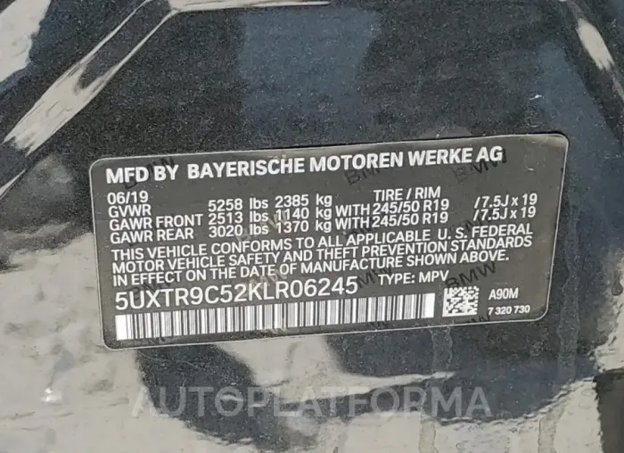 BMW X3 XDRIVE3 2019 vin 5UXTR9C52KLR06245 from auto auction Copart