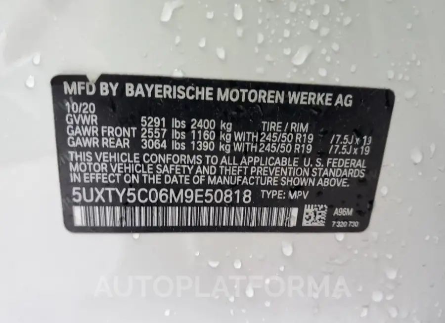 BMW X3 XDRIVE3 2021 vin 5UXTY5C06M9E50818 from auto auction Copart