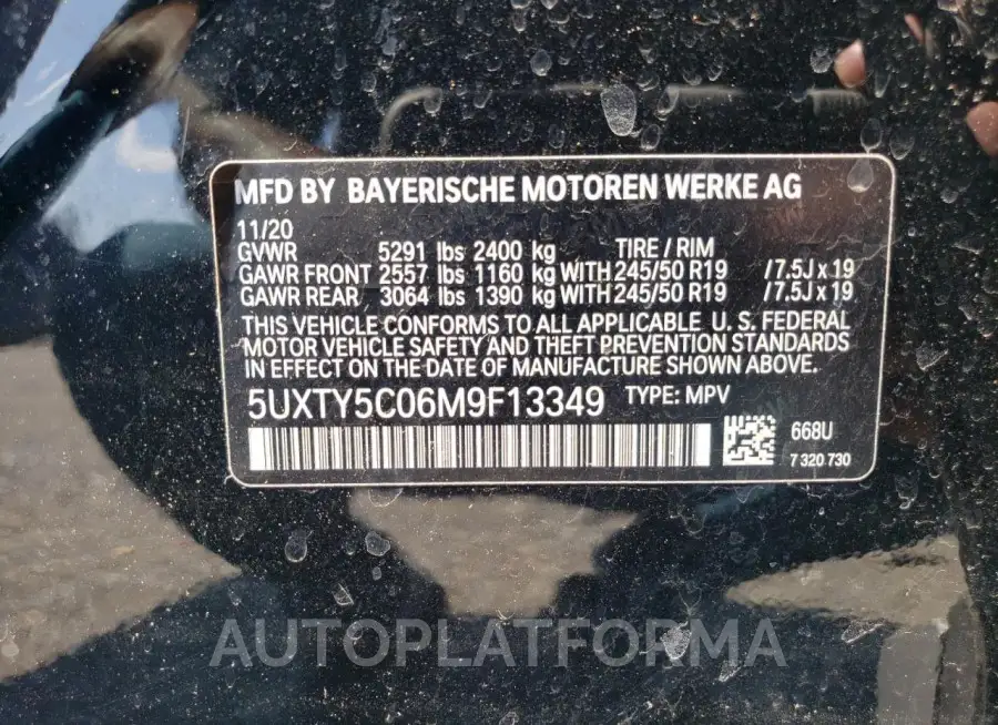 BMW X3 XDRIVE3 2021 vin 5UXTY5C06M9F13349 from auto auction Copart