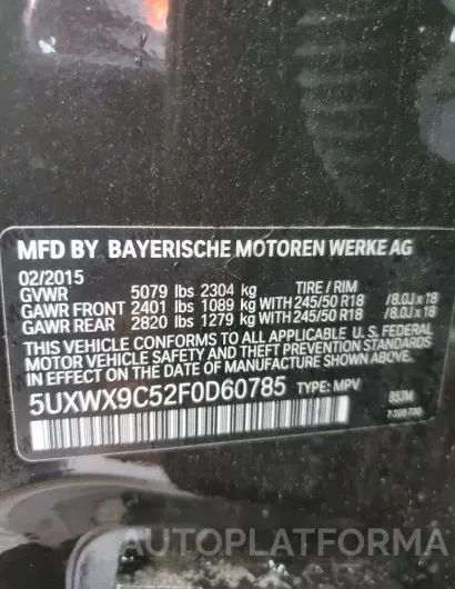 BMW X3 XDRIVE2 2015 vin 5UXWX9C52F0D60785 from auto auction Copart