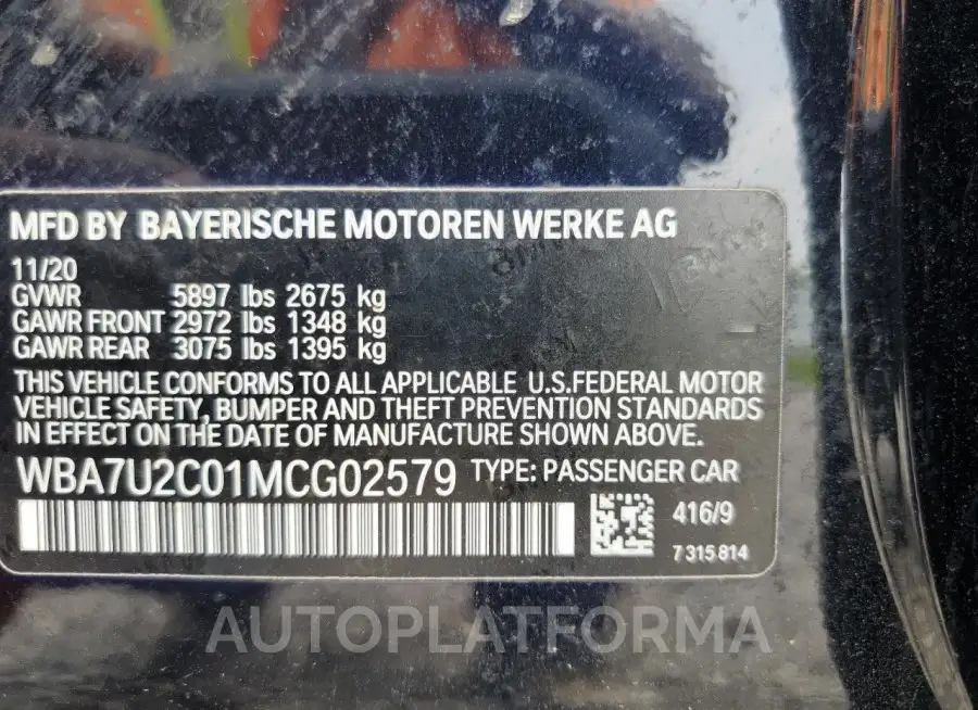 BMW 750 XI 2021 vin WBA7U2C01MCG02579 from auto auction Copart