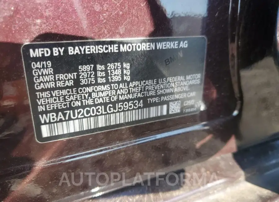 BMW 750 XI 2020 vin WBA7U2C03LGJ59534 from auto auction Copart