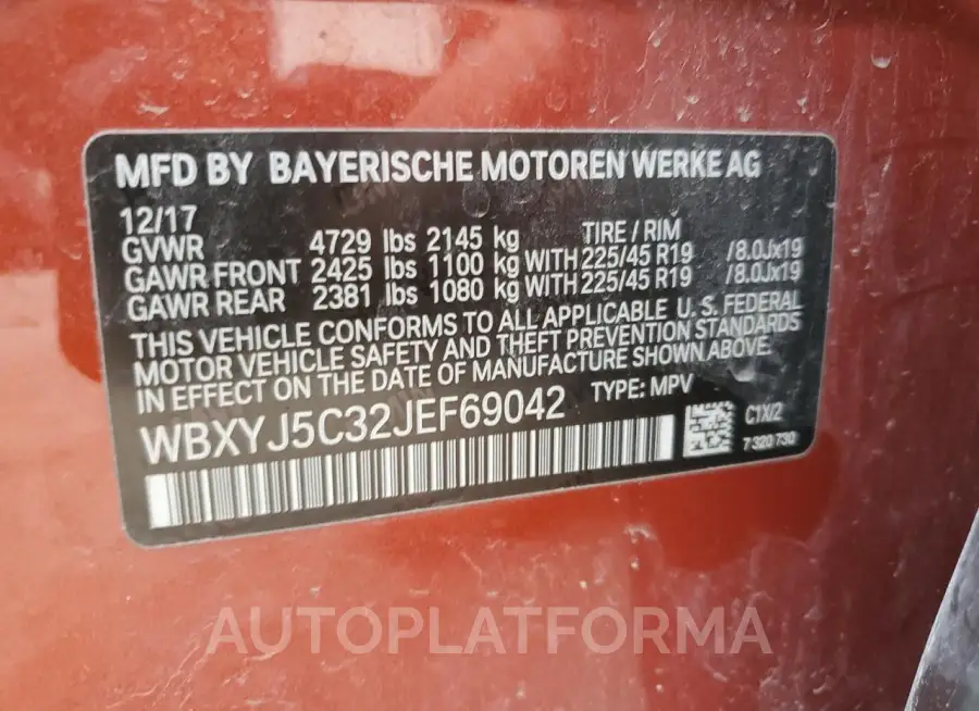 BMW X2 XDRIVE2 2018 vin WBXYJ5C32JEF69042 from auto auction Copart