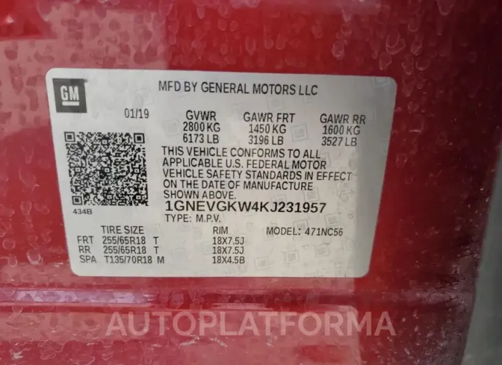 CHEVROLET TRAVERSE L 2019 vin 1GNEVGKW4KJ231957 from auto auction Copart