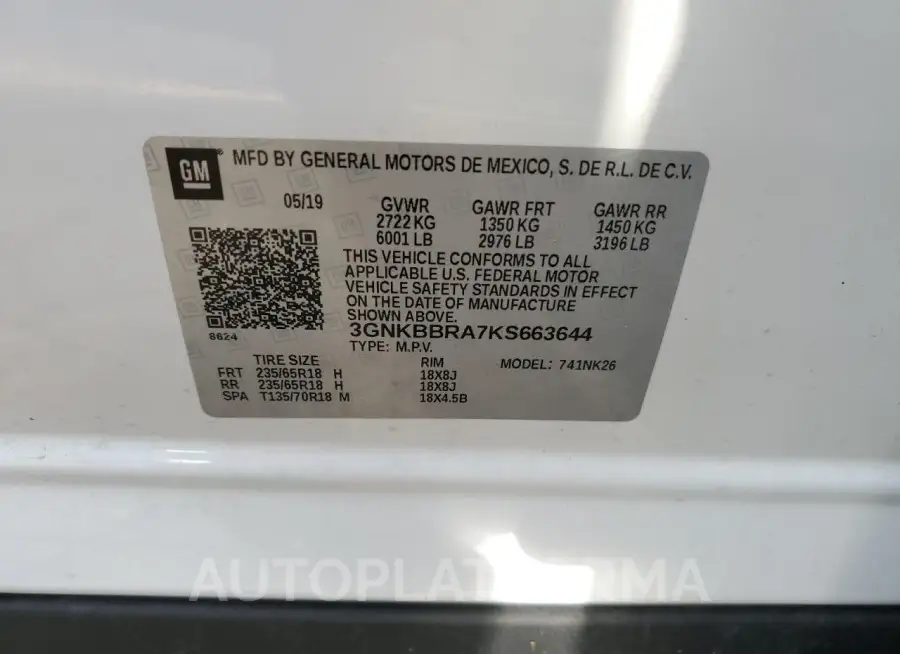 CHEVROLET BLAZER 1LT 2019 vin 3GNKBBRA7KS663644 from auto auction Copart