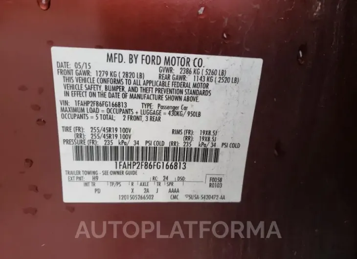 FORD TAURUS LIM 2015 vin 1FAHP2F86FG166813 from auto auction Copart