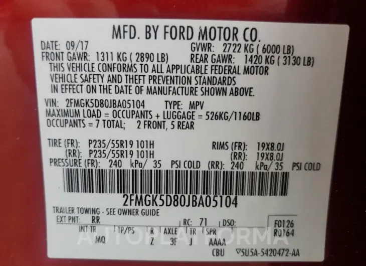 FORD FLEX LIMIT 2018 vin 2FMGK5D80JBA05104 from auto auction Copart