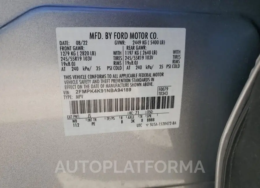 FORD EDGE TITAN 2022 vin 2FMPK4K91NBA94189 from auto auction Copart