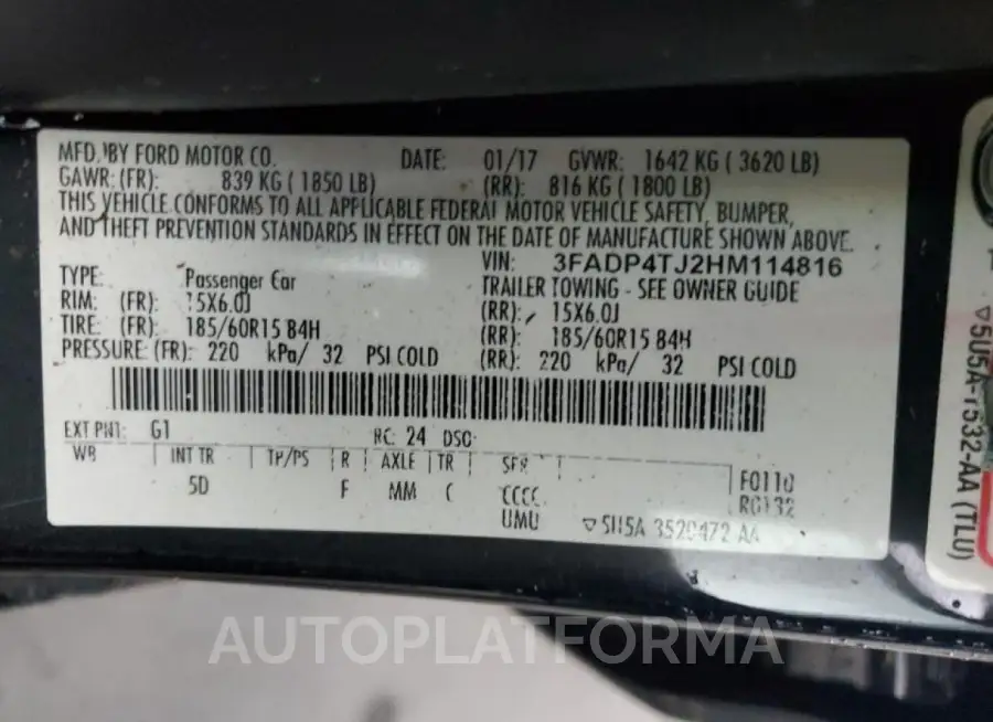 FORD FIESTA S 2017 vin 3FADP4TJ2HM114816 from auto auction Copart