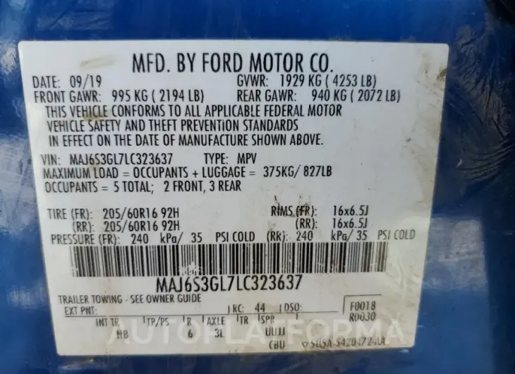 FORD ECOSPORT S 2020 vin MAJ6S3GL7LC323637 from auto auction Copart