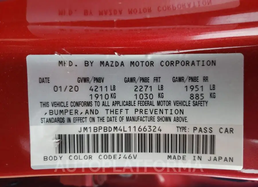 MAZDA 3 PREFERRE 2020 vin JM1BPBDM4L1166324 from auto auction Copart