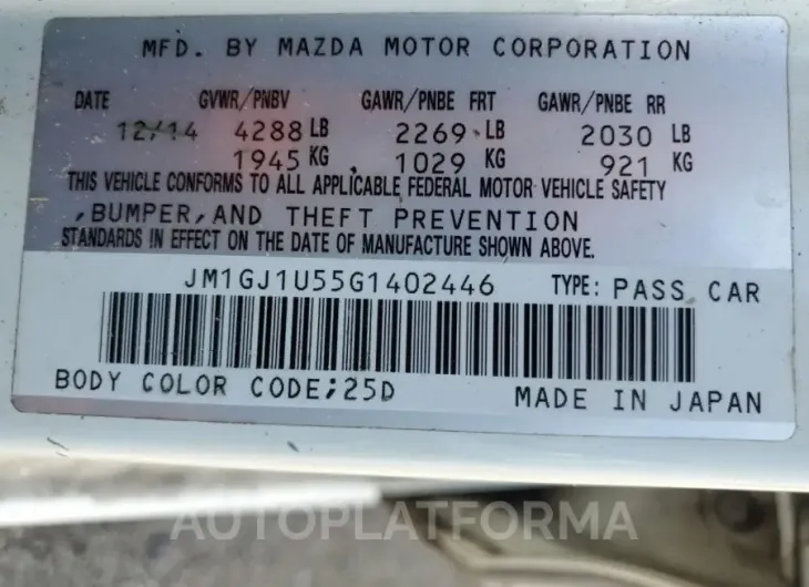 MAZDA 6 sport 2016 vin JM1GJ1U55G1402446 from auto auction Copart