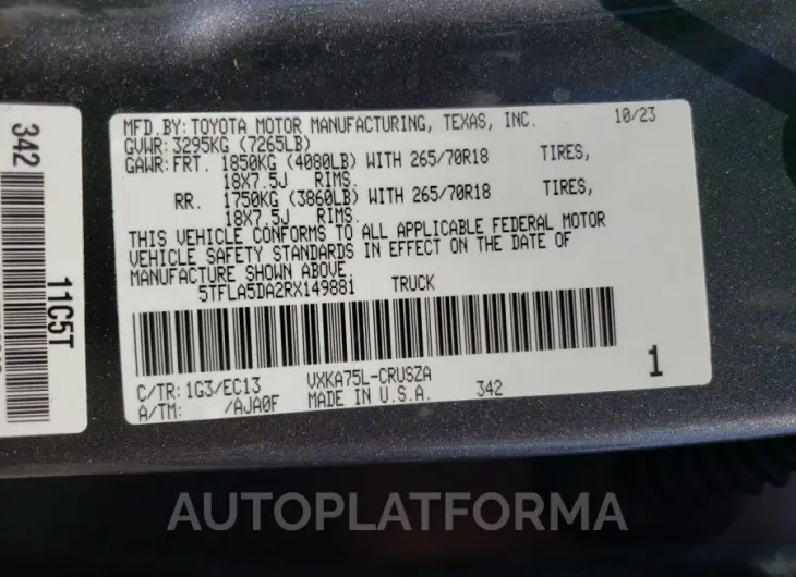 TOYOTA TUNDRA DOU 2024 vin 5TFLA5DA2RX149881 from auto auction Copart