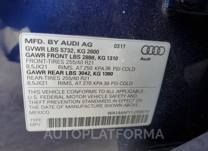 AUDI SQ5 PREMIU 2018 vin WA1A4AFY1J2008751 from auto auction Copart