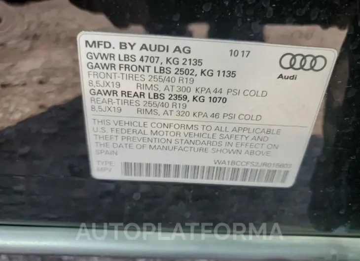 AUDI Q3 PREMIUM 2018 vin WA1BCCFS2JR015603 from auto auction Copart