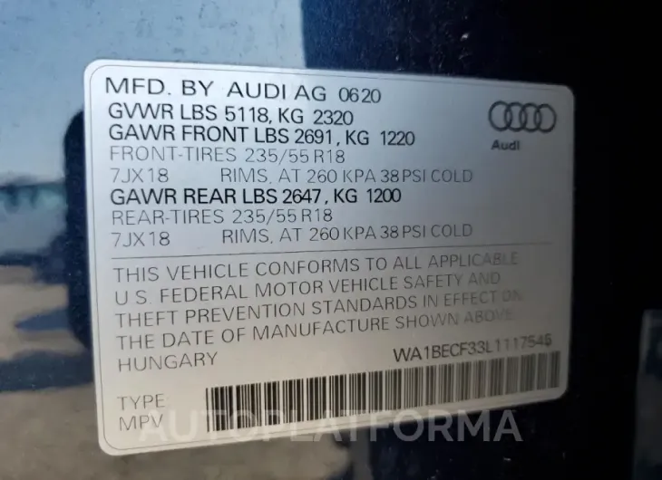 AUDI Q3 PREMIUM 2020 vin WA1BECF33L1117545 from auto auction Copart