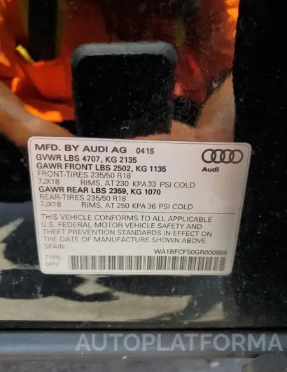 AUDI Q3 PREMIUM 2016 vin WA1BFCFS0GR000968 from auto auction Copart