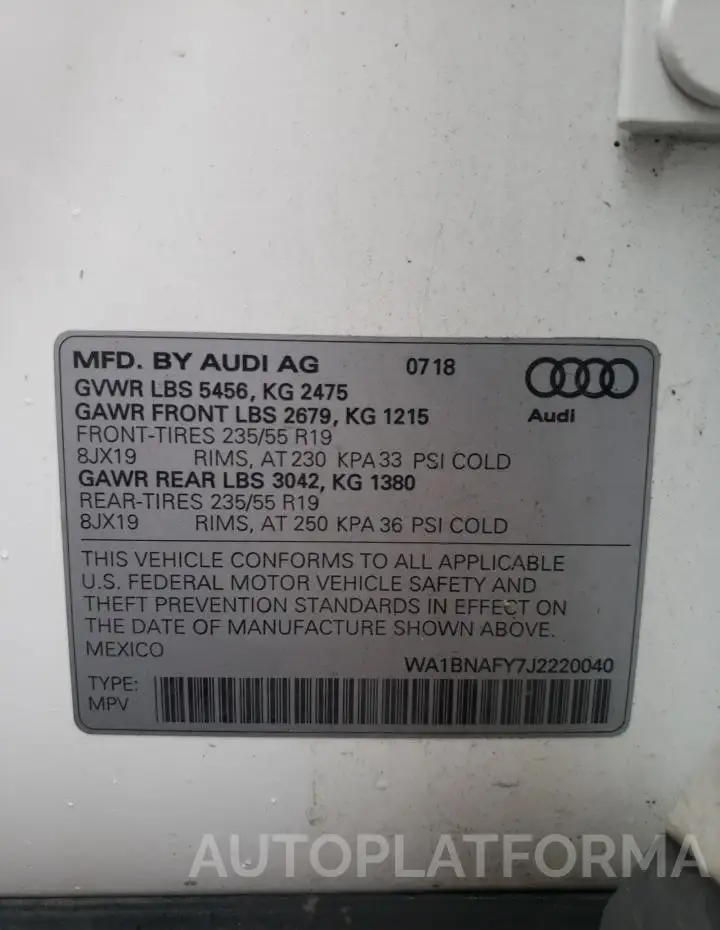 AUDI Q5 PREMIUM 2018 vin WA1BNAFY7J2220040 from auto auction Copart