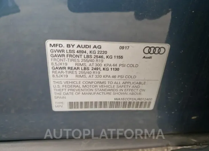 AUDI Q3 PREMIUM 2018 vin WA1ECCFSXJR012400 from auto auction Copart