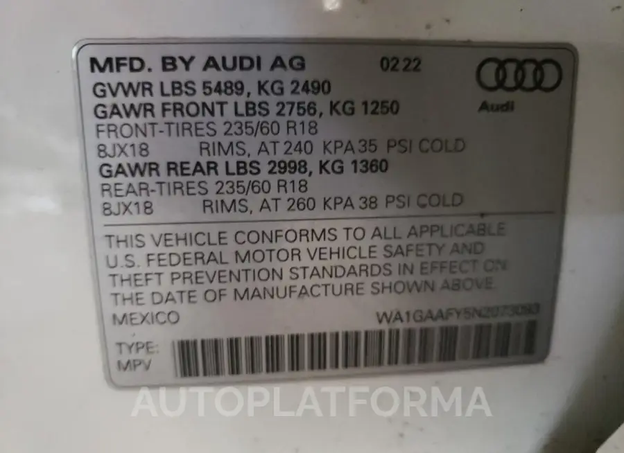 AUDI Q5 PREMIUM 2022 vin WA1GAAFY5N2073093 from auto auction Copart