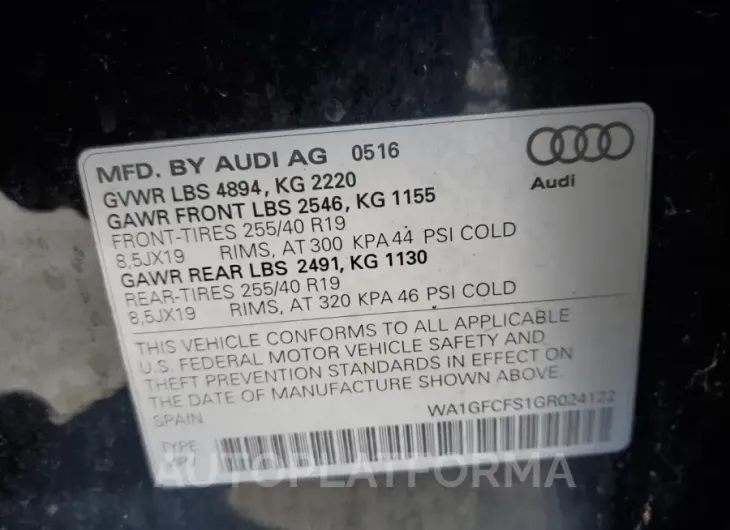 AUDI Q3 PRESTIG 2016 vin WA1GFCFS1GR024122 from auto auction Copart