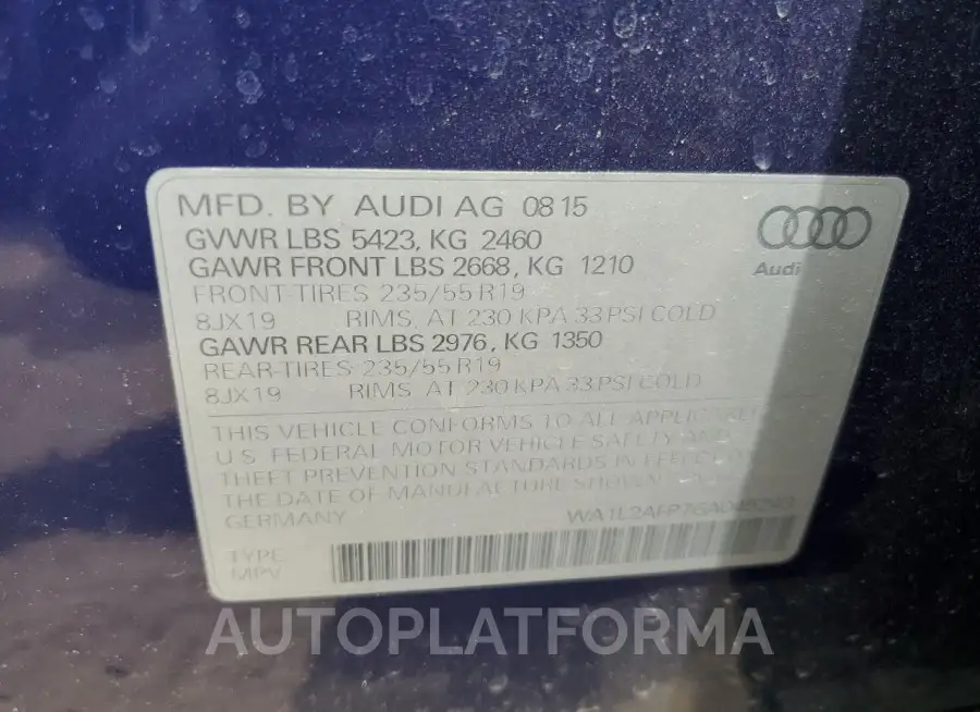 AUDI Q5 PREMIUM 2016 vin WA1L2AFP7GA045243 from auto auction Copart