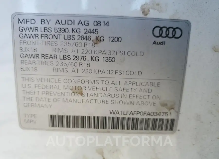 AUDI Q5 PREMIUM 2015 vin WA1LFAFP0FA034751 from auto auction Copart