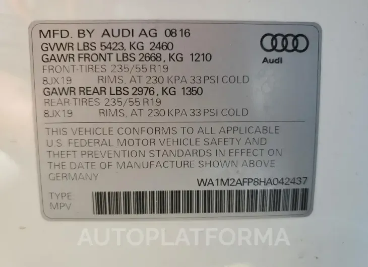 AUDI Q5 PREMIUM 2017 vin WA1M2AFP8HA042437 from auto auction Copart