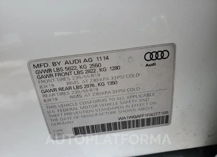 AUDI Q5 PRESTIG 2015 vin WA1WGAFP1FA077165 from auto auction Copart