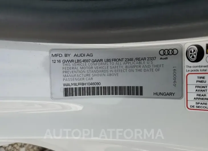 AUDI A3 PREMIUM 2017 vin WAUY8LFF8H1046090 from auto auction Copart